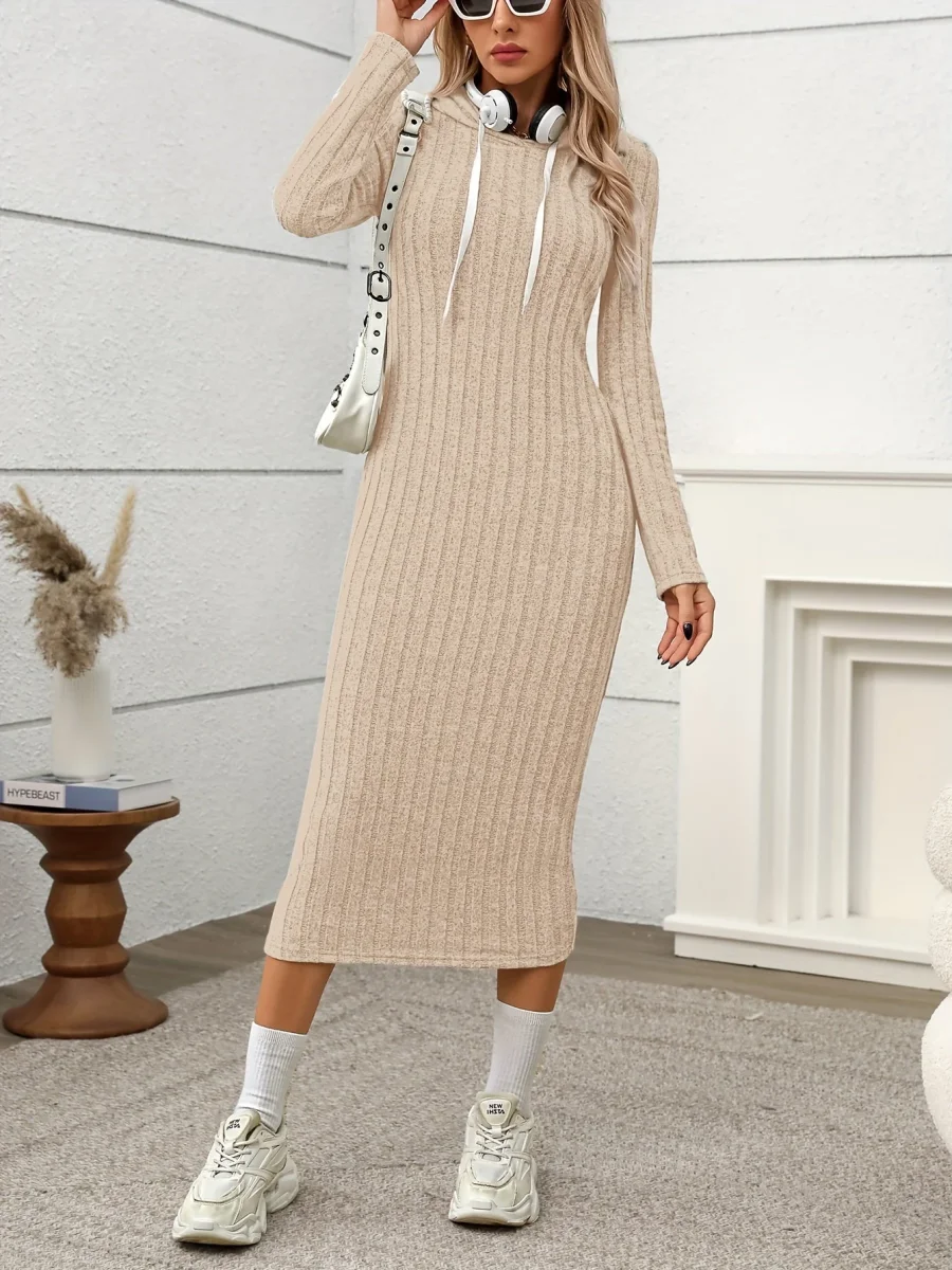 Robe longue côtelée à capuche Femme, manches longues, ajustée - Imagen 6