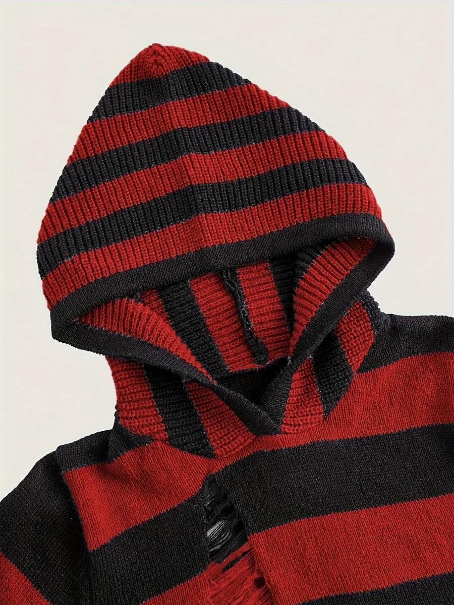 Haut court à capuche rayé noir et gris manches évasées - Imagen 6