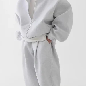 Ensemble survêtement unisexe gris clair à capuche zippé et pantalon décontracté