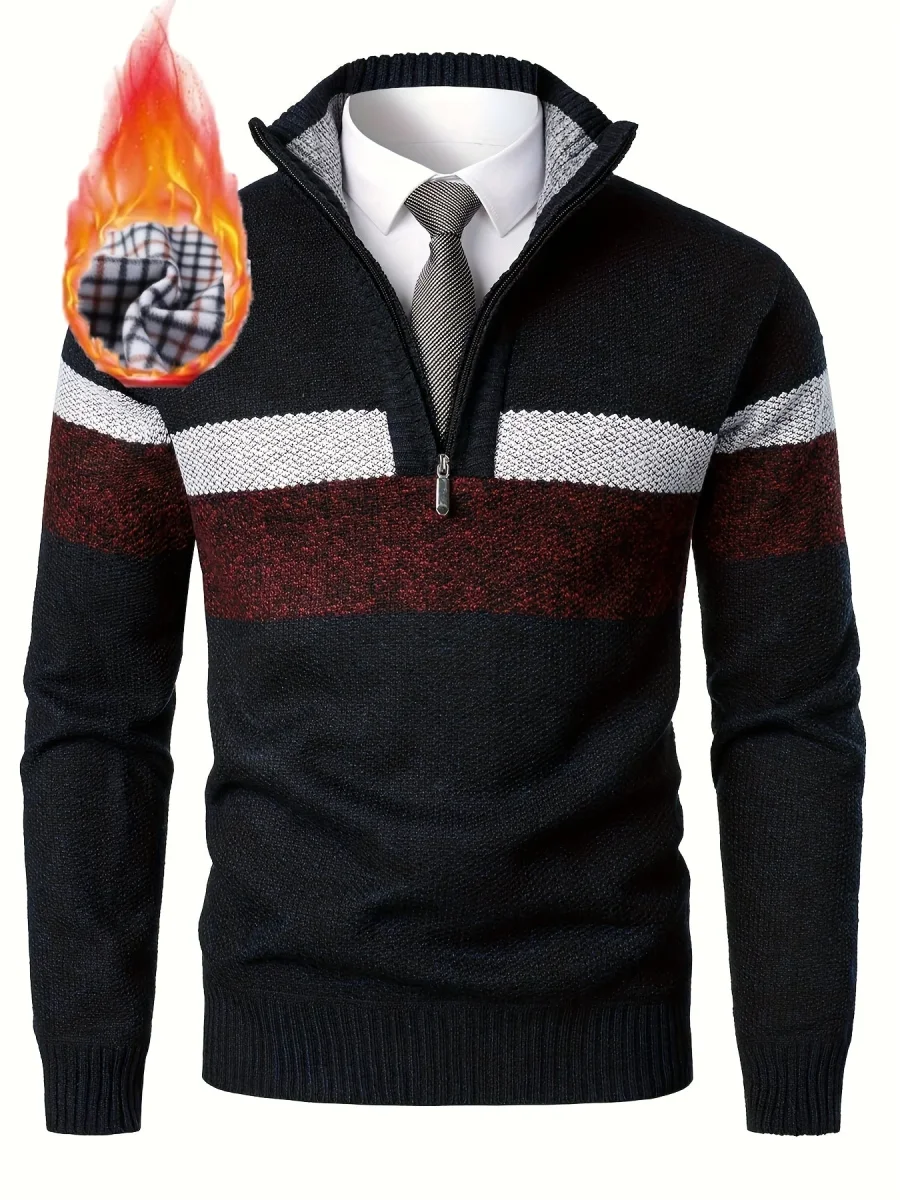 Pull homme tricoté à rayures, col montant zippé, doublure polaire beige et marron - Imagen 3