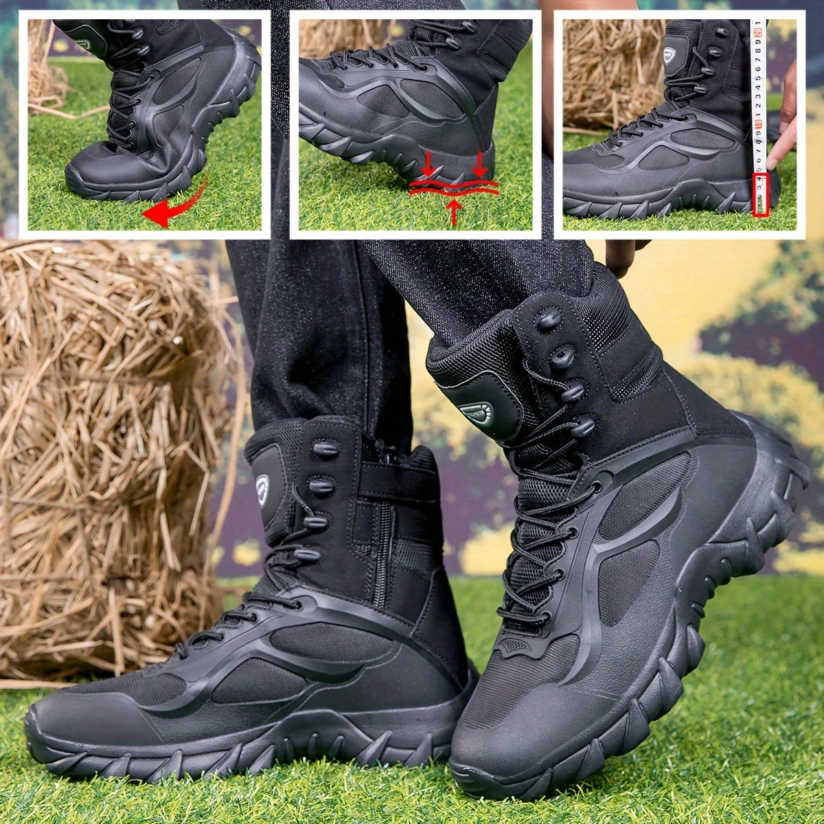 Bottes tactiques montantes noires à lacets et semelle crantée pour homme - Imagen 8