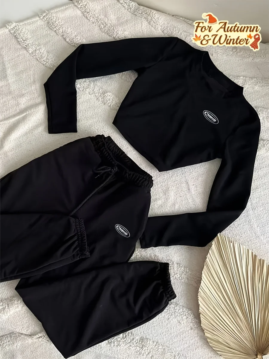 Ensemble Crop Top Manches Longues et Pantalon de Jogging Noir pour Femme, avec Cordon de Serrage - Imagen 2