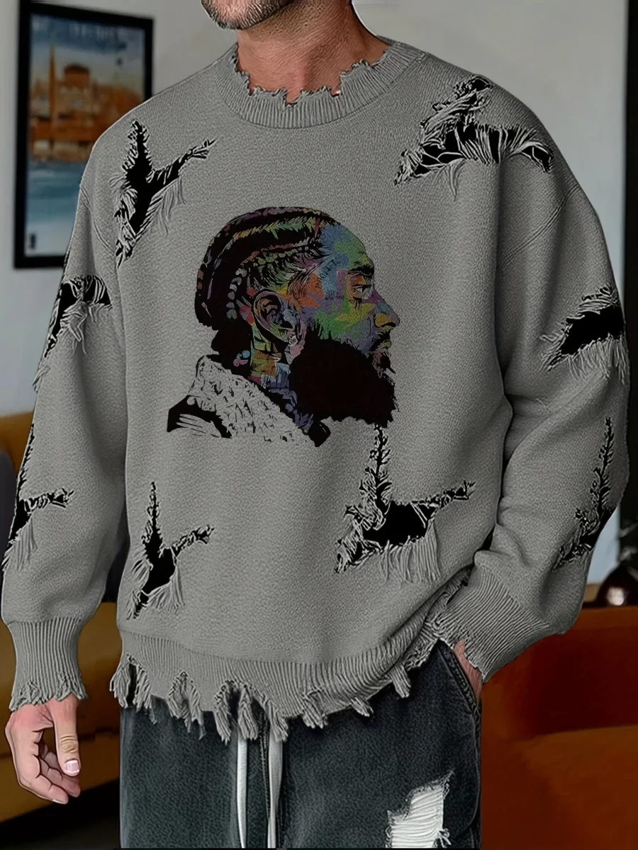 Pull homme décontracté beige à col rond avec motif visage coloré et détails déchirés - Imagen 5