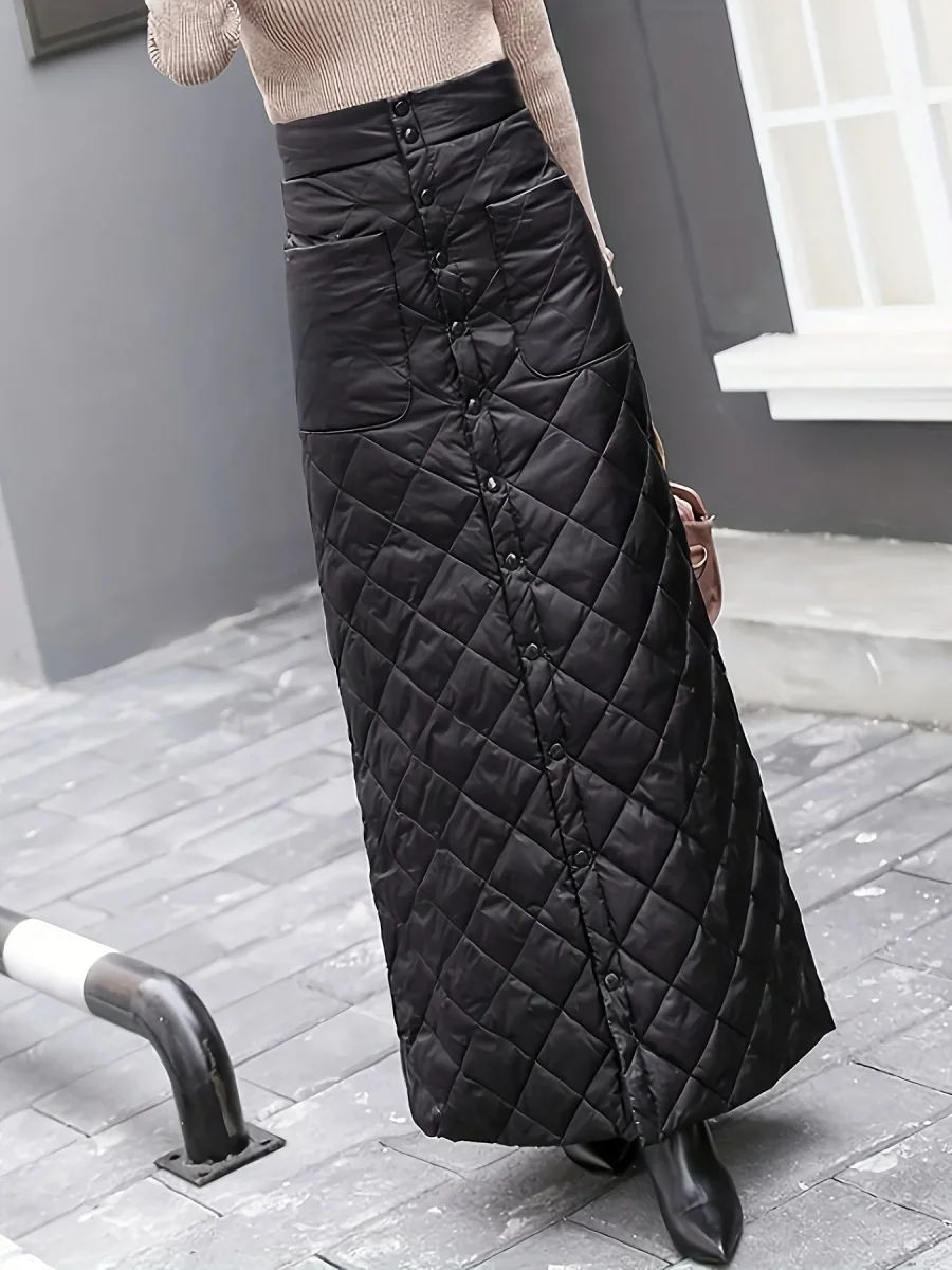 Jupe longue matelassée noire boutonnée taille haute pour femme - Imagen 5