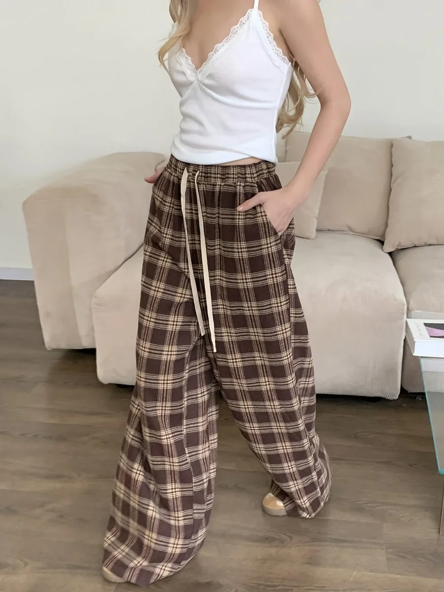 Pantalon de Pyjama Femme Carreaux Marron et Beige Ample avec Cordon - Imagen 5