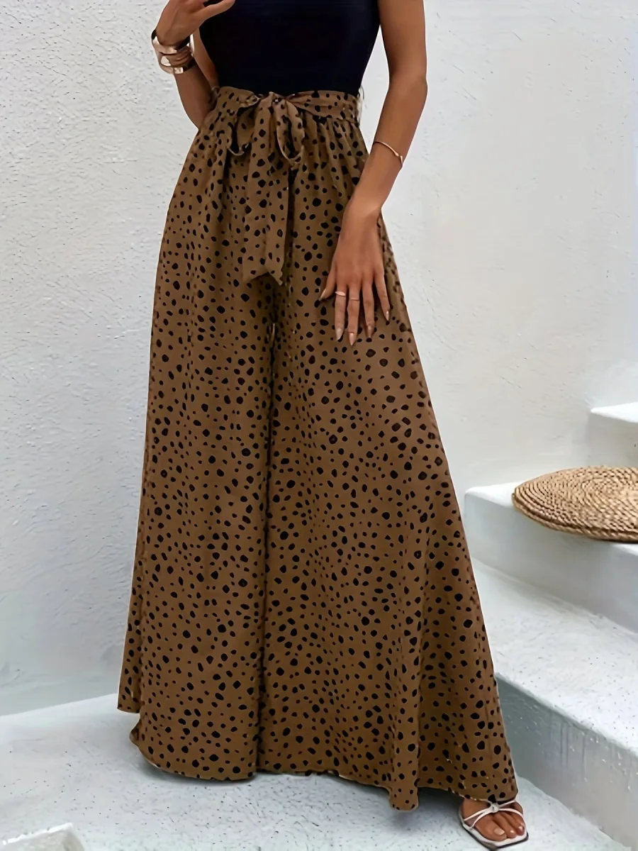 Pantalon large à pois femme style élégant pour printemps/été avec ceinture nouée - Imagen 4