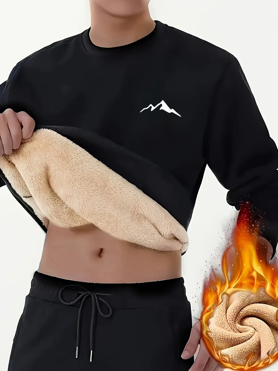 Sweat-shirt homme chaud col rond doublé molletonné avec motif montagne - Imagen 2