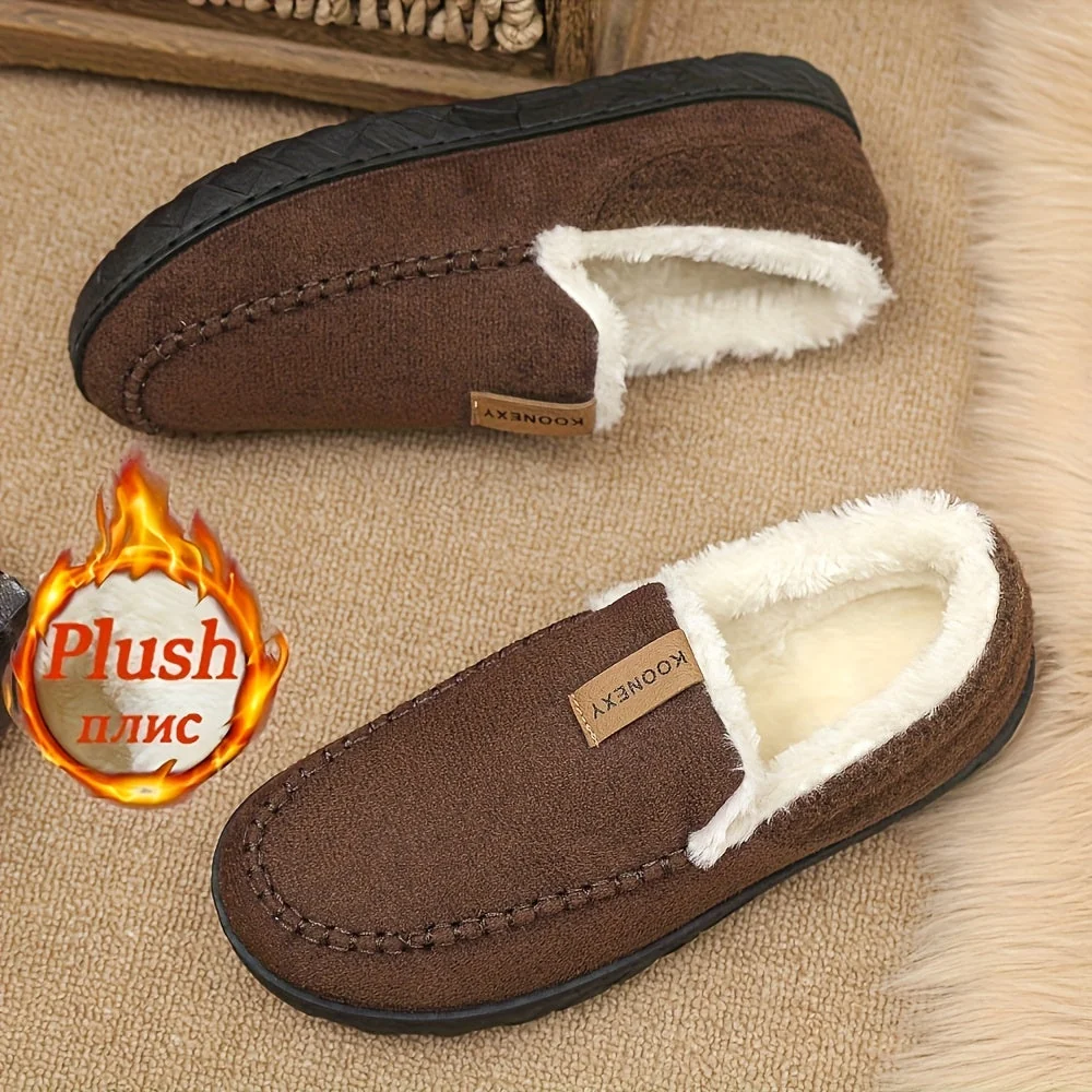 Chaussons Mocassins Homme Doublés Polaire Marron Chaussures d'Intérieur Hiver Confortables - Imagen 2
