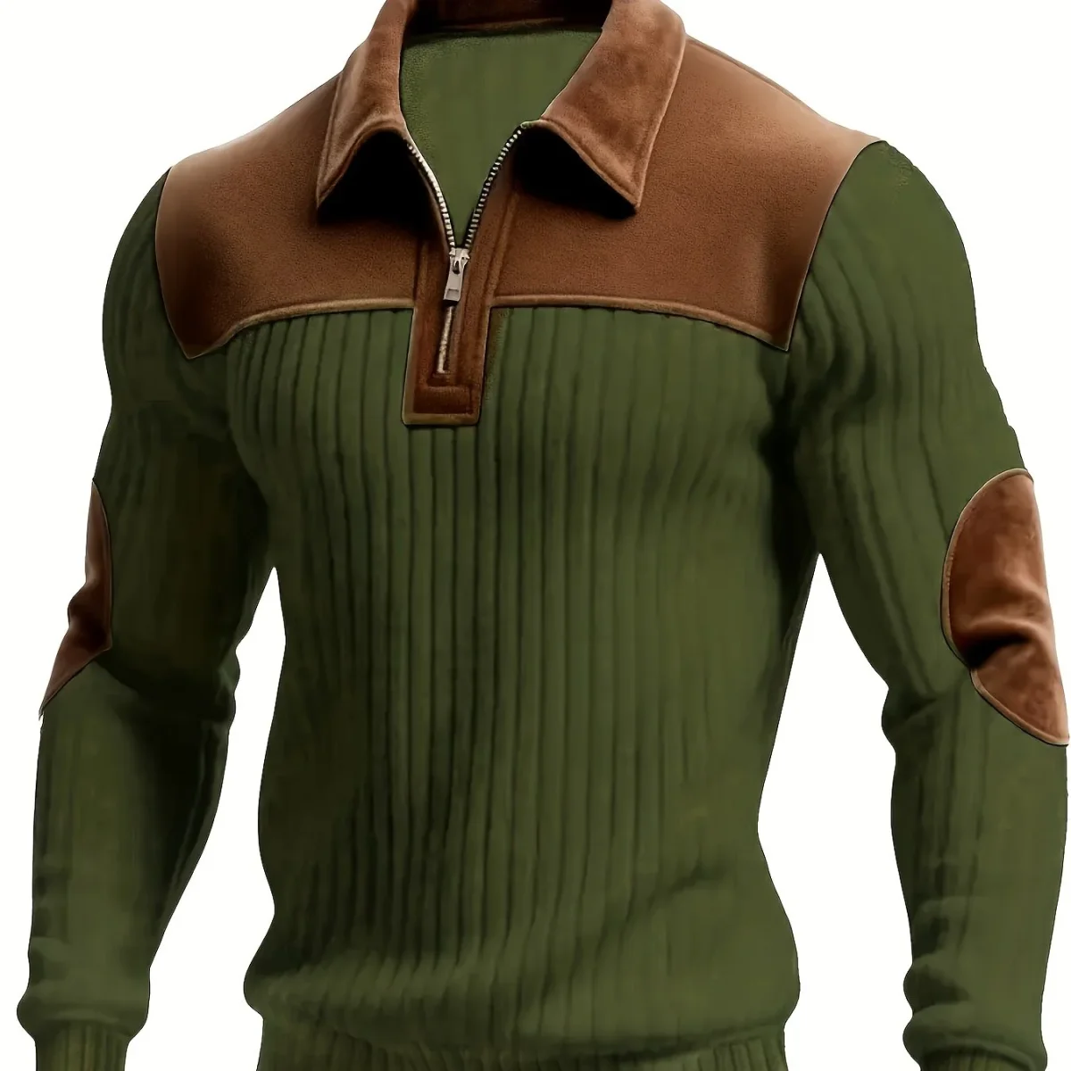 Pull homme côtelé col polo zippé empiècements contrastants coudes et épaules - Imagen 8