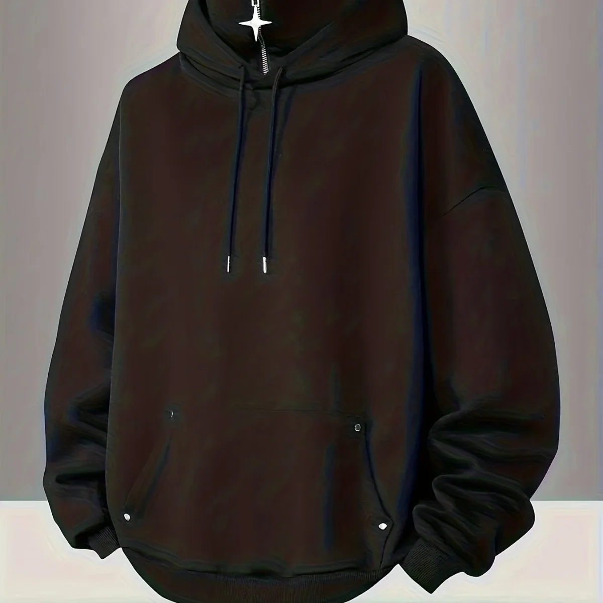 Sweat à capuche ample noir col montant zippé pendentif étoile - Imagen 7