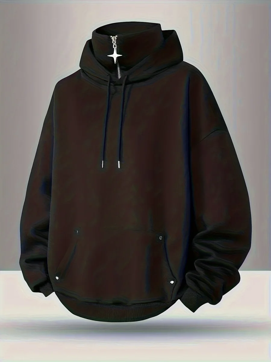 Sweat à capuche ample noir col montant zippé pendentif étoile - Imagen 2
