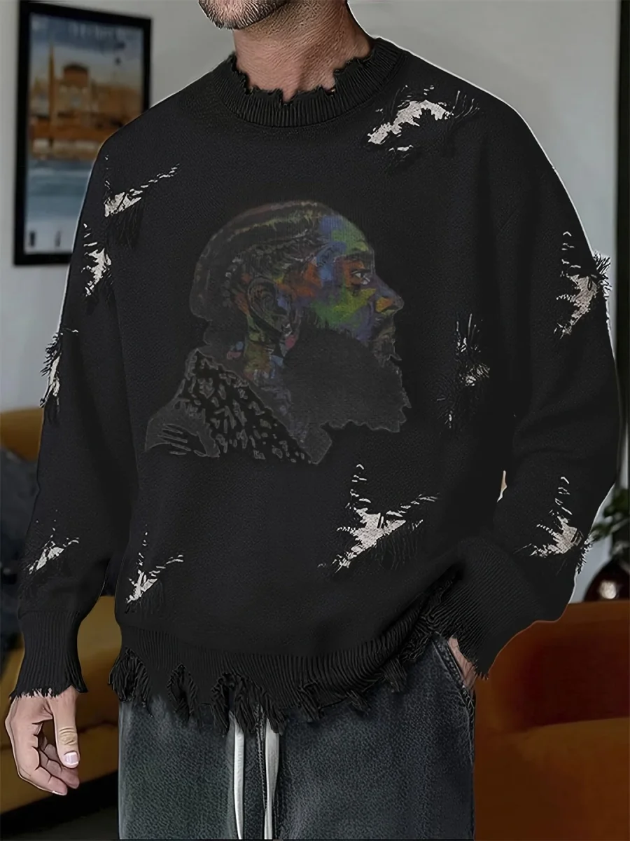Pull homme décontracté beige à col rond avec motif visage coloré et détails déchirés - Imagen 4
