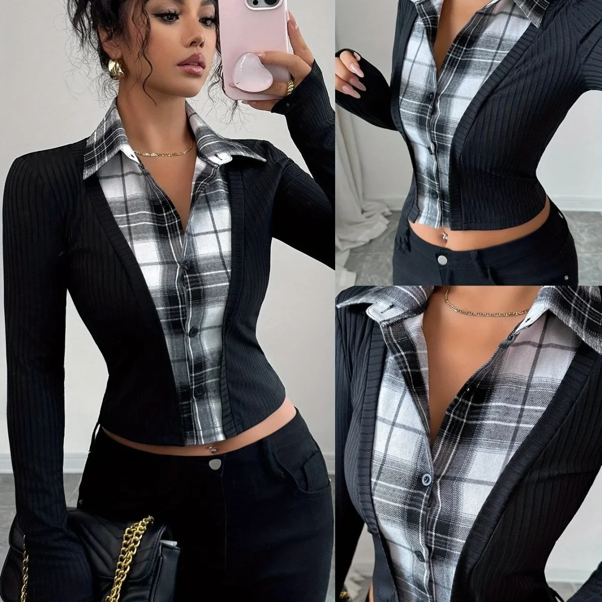 Haut femme effet superposé côtelé et carreaux noir et blanc - Imagen 7