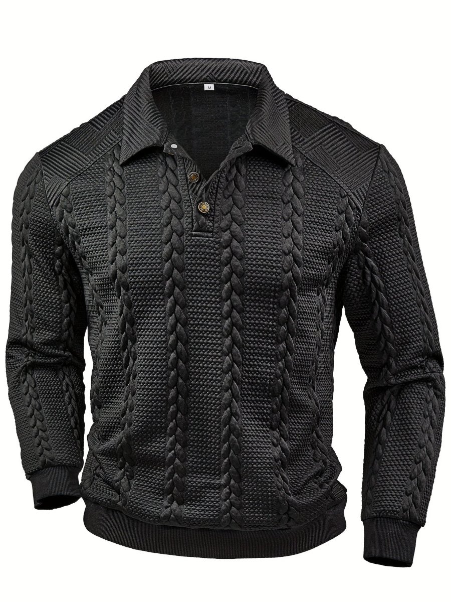 Polo homme tricoté à manches longues noir, col texturé, motif torsadé - Imagen 4