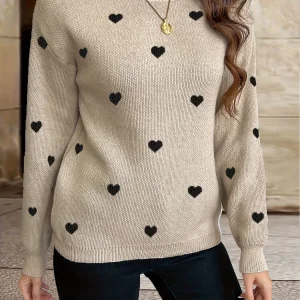Pull Femme Col Rond en Maille Coeurs Beige Noir
