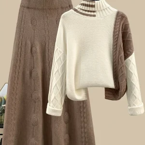 Ensemble Jupe Longue Tricotée et Pull Col Roulé Femme Bicolore Marron Crème Motif Torsadé
