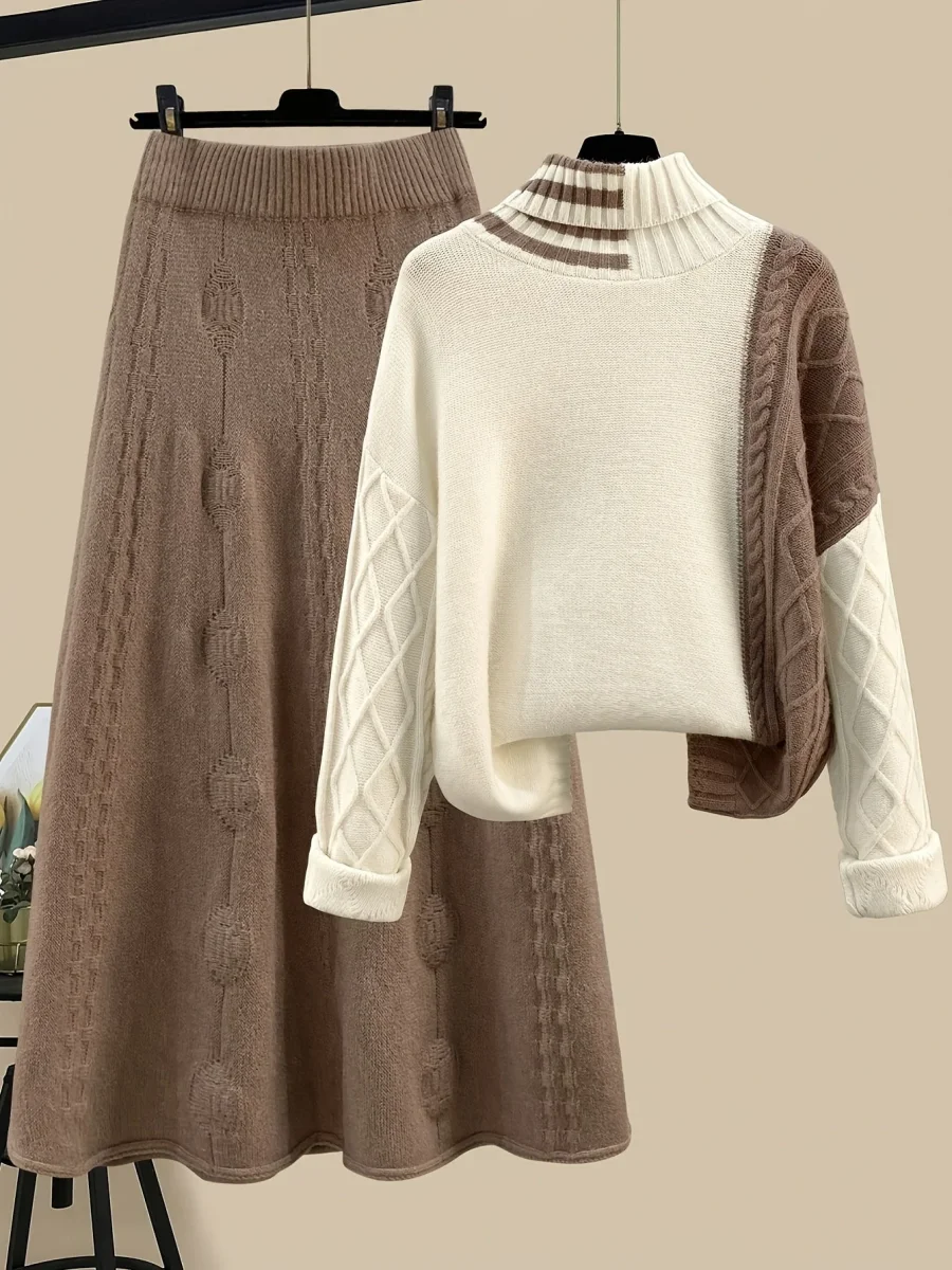 Ensemble Jupe Longue Tricotée et Pull Col Roulé Femme Bicolore Marron Crème Motif Torsadé