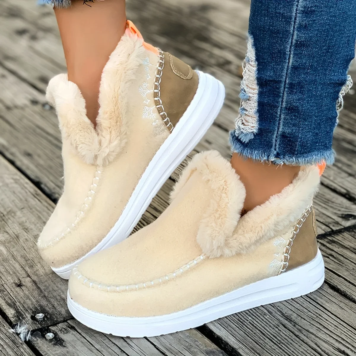 Chaussons montants doublés en fourrure pour femme, style mocassin, diverses couleurs - Imagen 8