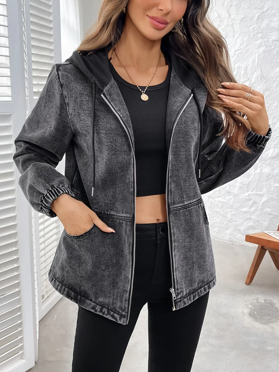 Veste à capuche femme gris délavé zippée poches à rabat - Imagen 4