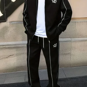 Ensemble de Survetement Homme Zip Complet à Rayures Contrastantes et Emblème Brodé