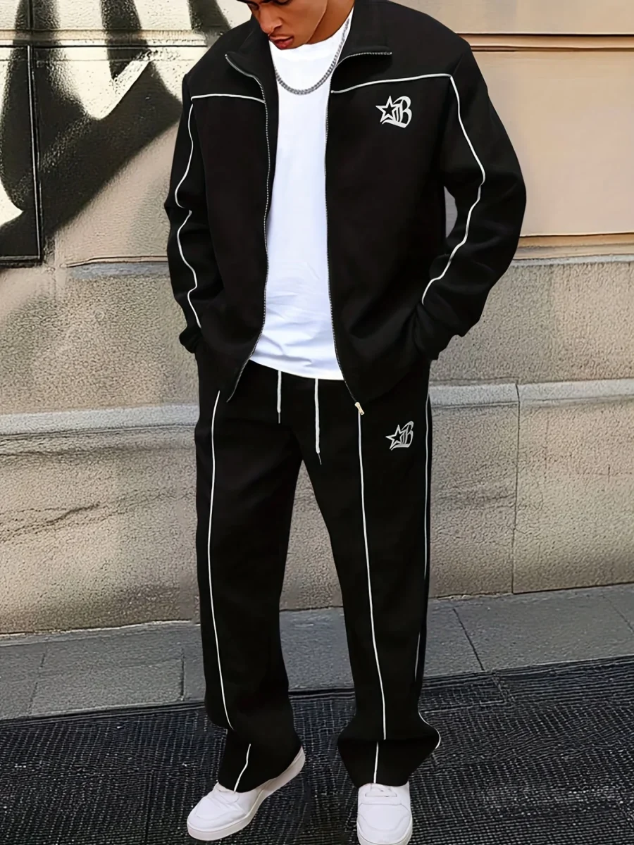 Ensemble de Survetement Homme Zip Complet à Rayures Contrastantes et Emblème Brodé - Imagen 2