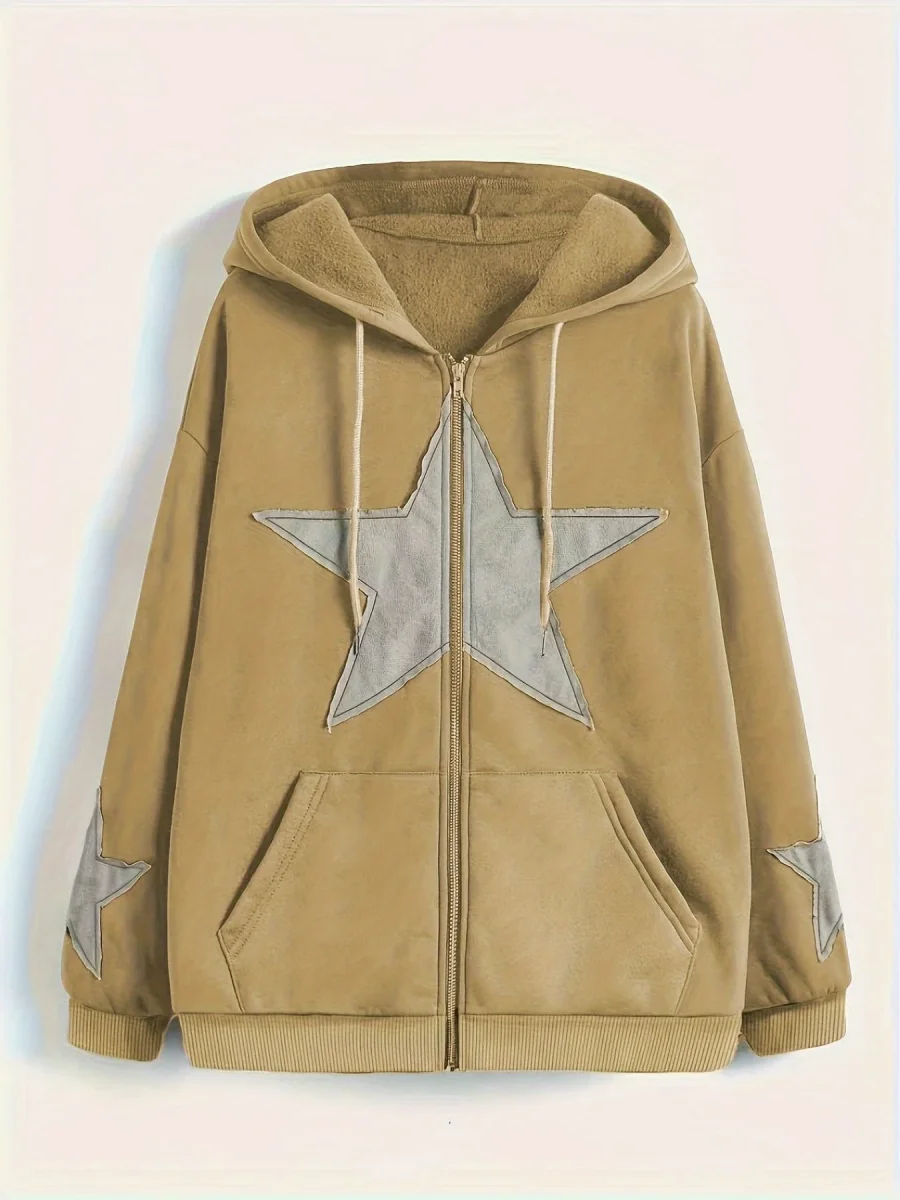 Sweat à capuche zippé marron avec motif étoile gris délavé - Imagen 9