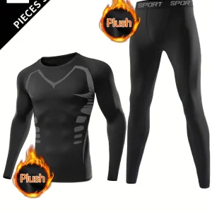 Ensemble Sport Homme 2 Pièces Noir Manches Longues et Pantalon de Compression avec Détails Graphiques