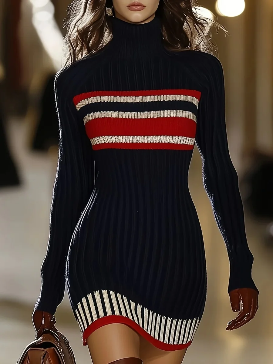 Robe côtelée moulante femme bleue marine à col roulé rayures rouge et blanc - Imagen 3