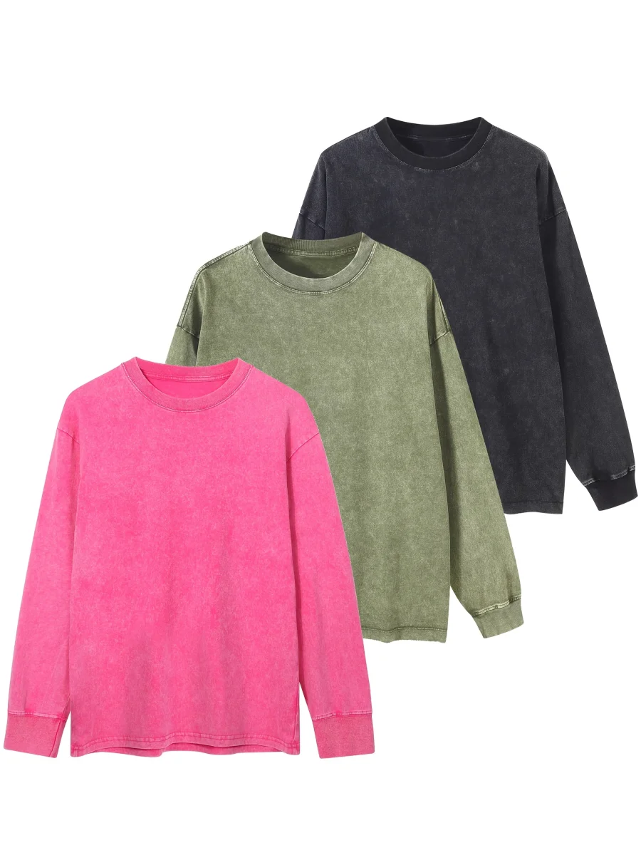 Sweat-shirt unisex lavé col rond décontracté à manches longues effet délavé - Imagen 3