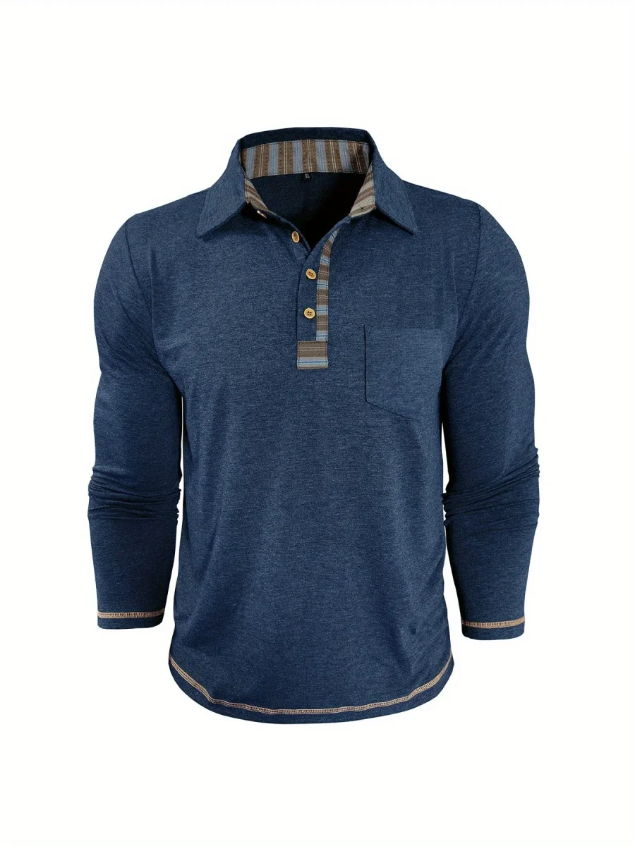 Polo Homme Manches Longues Détails Ethniques Boutons Beige - Imagen 9