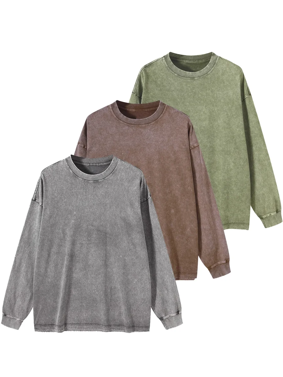 Sweat-shirt unisex lavé col rond décontracté à manches longues effet délavé - Imagen 2