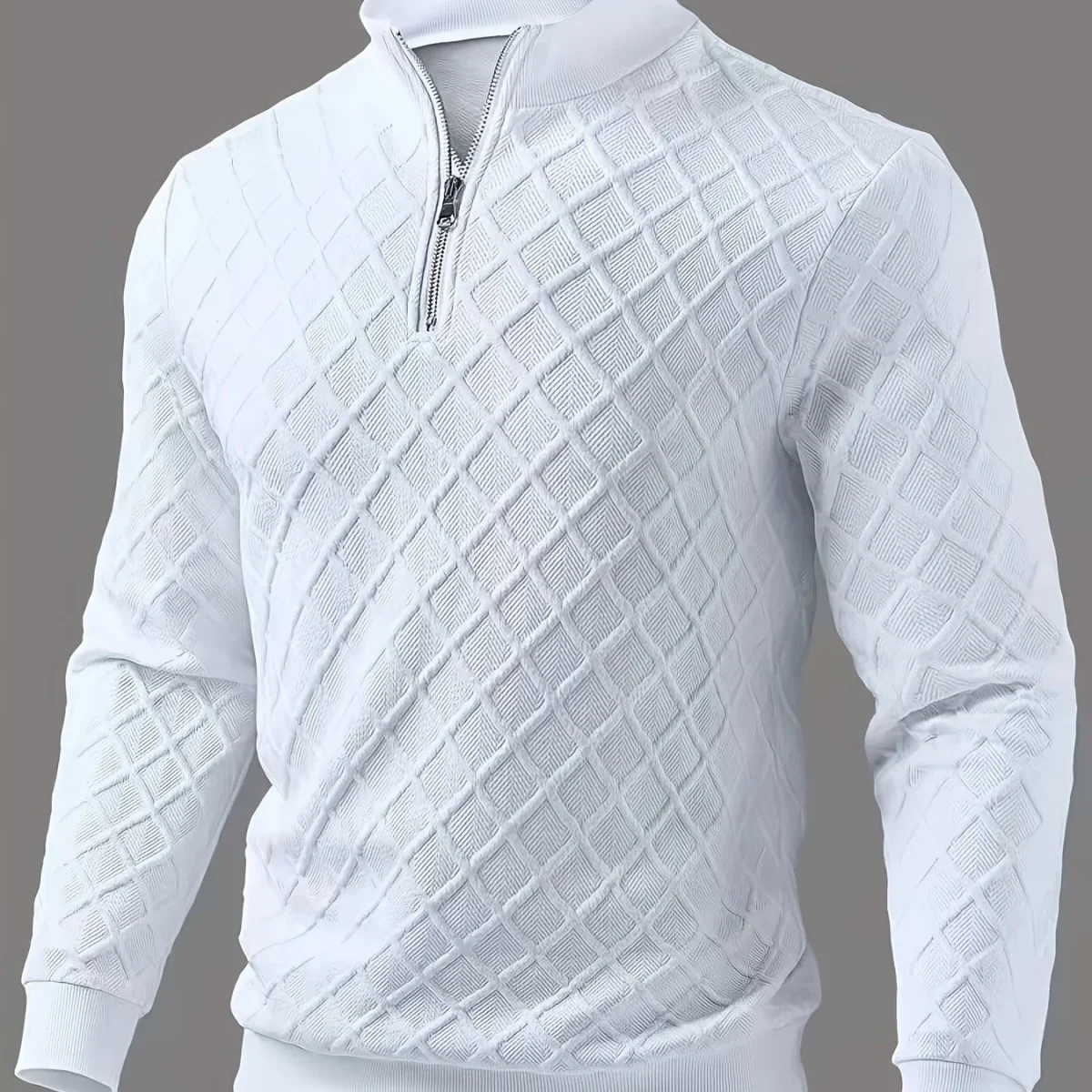 Pull homme blanc texturé à col montant zippé - Imagen 7