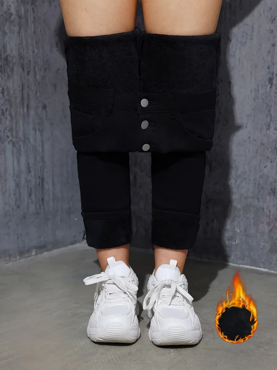 Jean Skinny Femme Noir Taille Haute à Boutons Doublé Chaud - Imagen 4