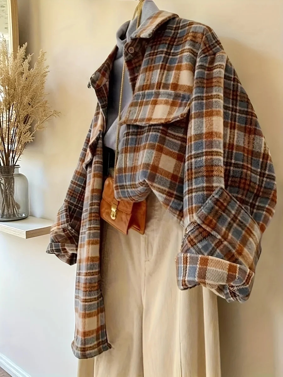 Surchemise à carreaux oversize Femme marron beige bleue décontractée - Imagen 3
