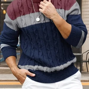 Pull homme col rond tricot torsadé à rayures contrastées