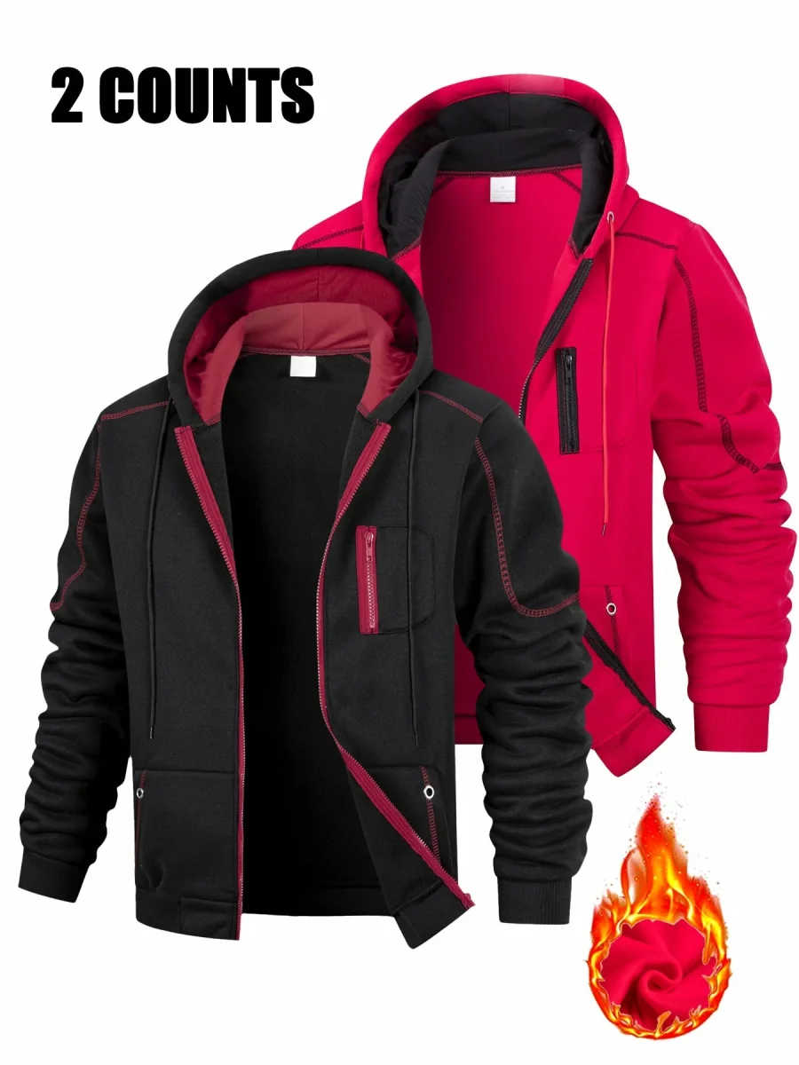 Lot de 2 Hoodies Homme Zippés Bicolores Chauds avec Capuche et Poches - Imagen 6