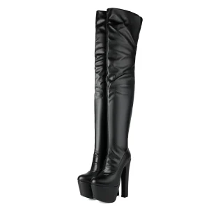 Bottes Noires Cuissardes à Talon Bloc Haut et Plateforme Épaisse