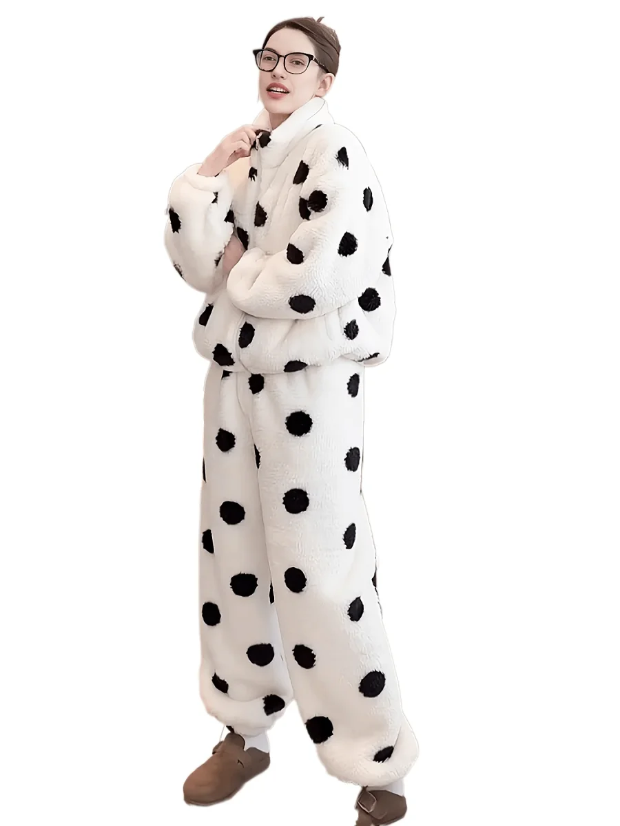 Pyjama Femme Doux Polaire Motif Pois Manches Longues Zip Intégral - Imagen 4