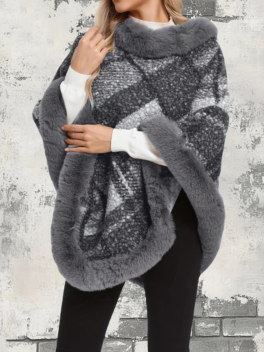 Poncho Femme Chaud Motifs Géométriques et Bordures Imitation Fourrure - Imagen 9