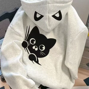 Sweat à Capuche Gris Clair avec Motif Chat Noir