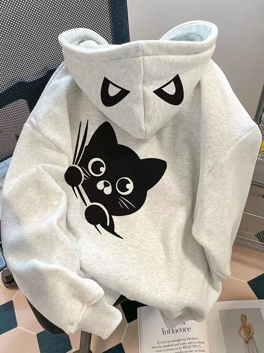 Sweat à Capuche Gris Clair avec Motif Chat Noir - Imagen 2