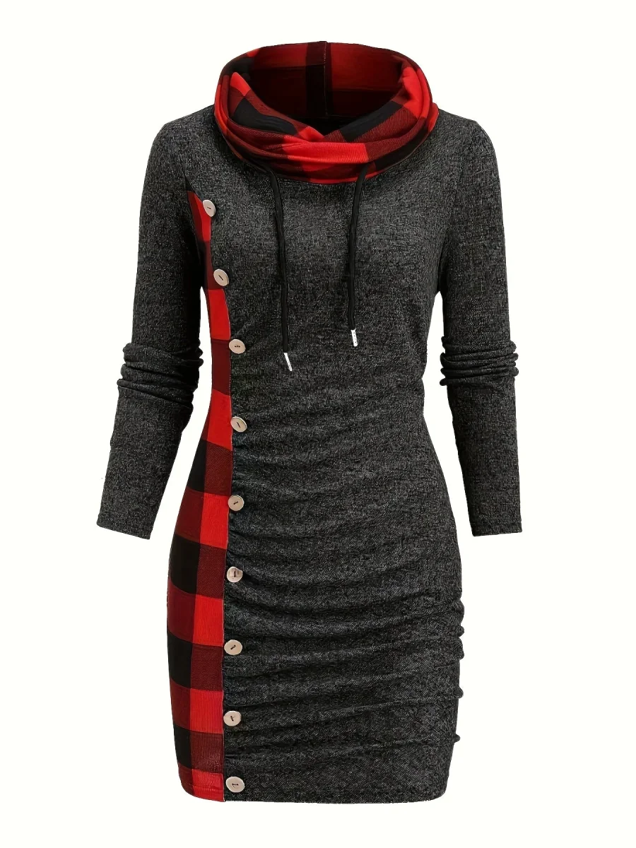 Robe Pull Courte Femme avec Col Cheminée et Motif Carreaux Bicolores - Imagen 4