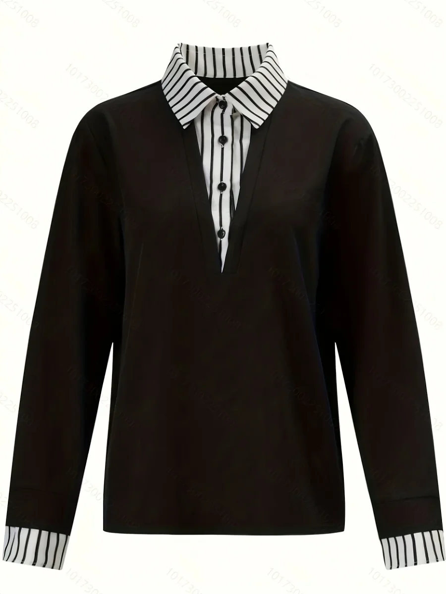 T-shirt Femme Col Chemise Rayé Manches Longues Faux Deux Pièces - Imagen 5