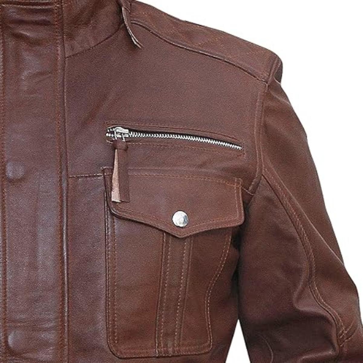 Chaqueta de hombre estilo café racer de piel de oveja marrón - Imagen 5