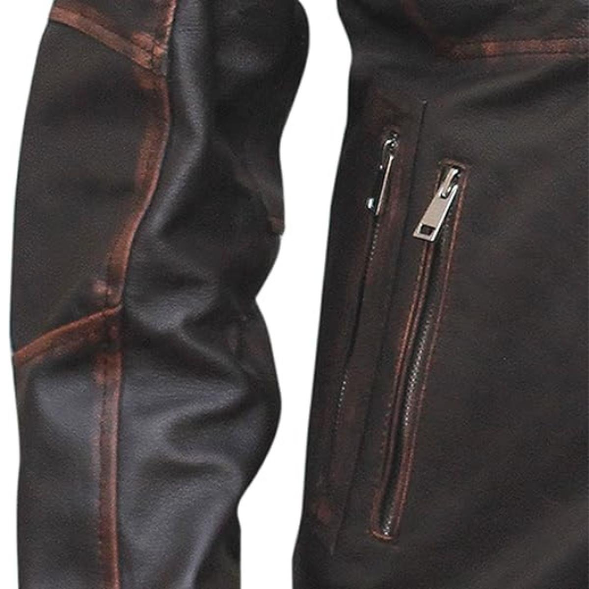 Chaqueta vintage de cuero auténtico para hombre, seis bolsillos, marrón oscuro, efecto desgastado. - Imagen 5