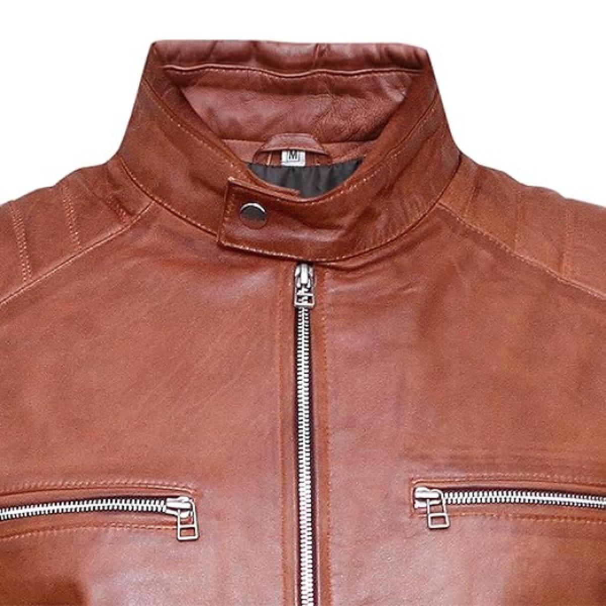 Chaqueta de hombre de cuero genuino marrón estilo café racer. – con Cuello Alto - Imagen 5