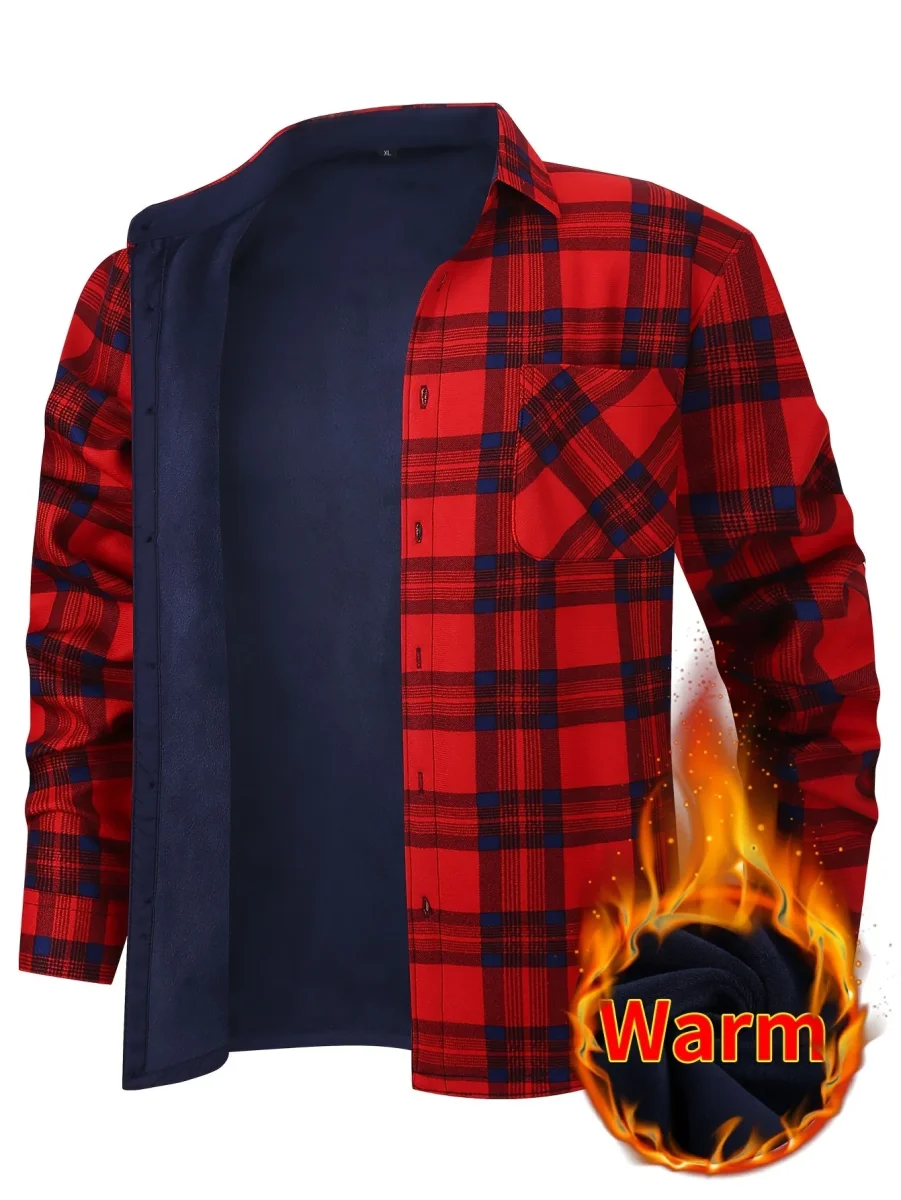 Men's Fleece-Lined Plaid Button-Up Shirt Jacket - Imagen 9