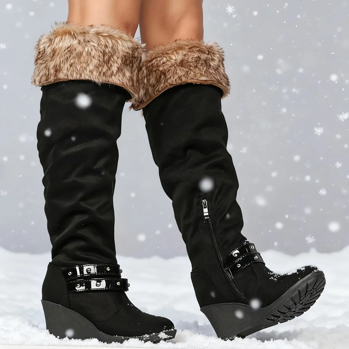 Bottes hautes femme à talon compensé et bordure fausse fourrure - Noir ou Beige - Imagen 4