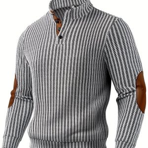 Pull homme à col montant boutonnable, motif tissé et empiècements aux coudes