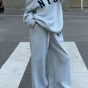 Ensemble survêtement femme gris clair décontracté avec impression NYC
